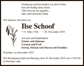 Traueranzeige von Ilse Schoof von Uelzen