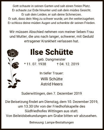 Traueranzeige von Ilse Schütte von Uelzen