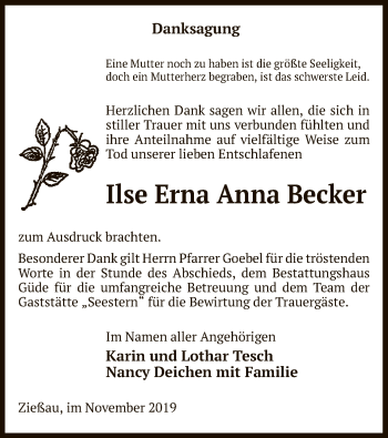 Traueranzeige von Ilse Erna Anna Becker von Uelzen