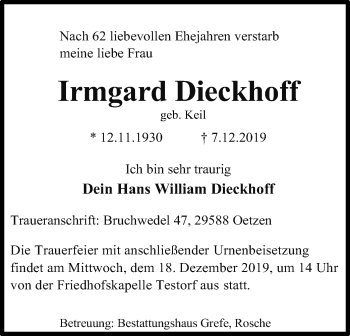 Traueranzeige von Irmgard Dieckhoff von Uelzen