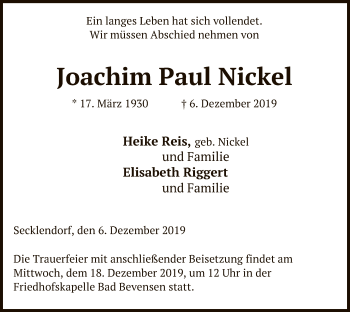 Traueranzeige von Joachim Paul Nickel von Uelzen