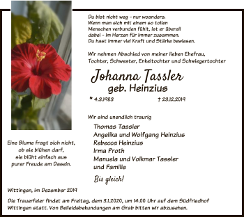 Traueranzeige von Johanna Tassler von Uelzen