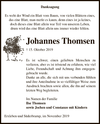 Traueranzeige von Johannes Thomsen von Uelzen