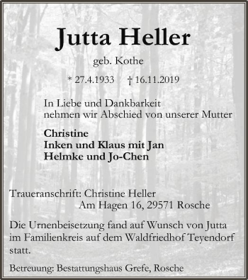 Traueranzeige von Jutta Heller von Uelzen