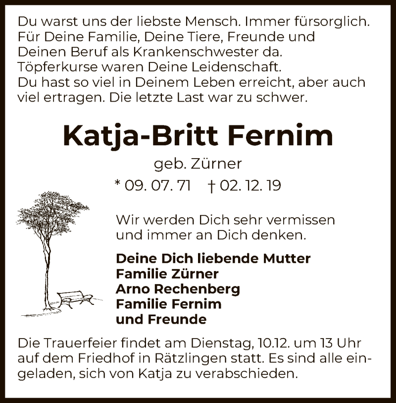  Traueranzeige für Katja-Britt Fernim vom 07.12.2019 aus Uelzen