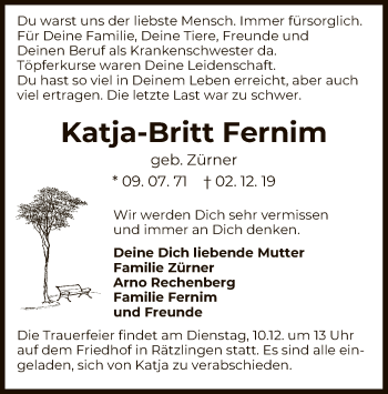 Traueranzeige von Katja-Britt Fernim von Uelzen