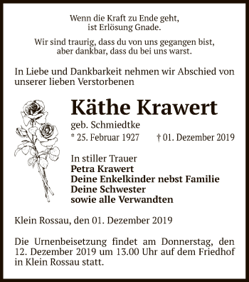 Traueranzeige von Käthe Krawert von Uelzen