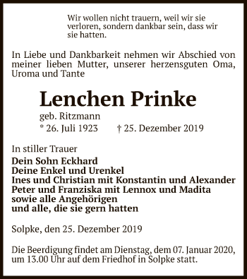 Traueranzeige von Lenchen Prinke von Uelzen