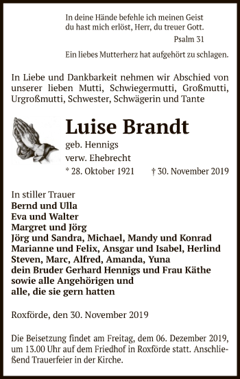 Traueranzeige von Luise Brandt von Uelzen