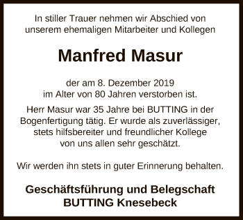 Traueranzeige von Manfred Masur von Uelzen