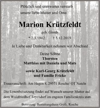 Traueranzeige von Marion Krützfeldt von Uelzen