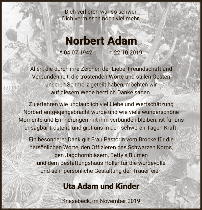  Traueranzeige für Norbert Adam vom 30.11.2019 aus Uelzen