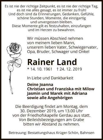 Traueranzeige von Rainer Land von Uelzen