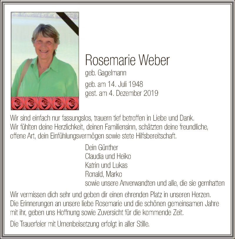  Traueranzeige für Rosemarie Weber vom 07.12.2019 aus Uelzen