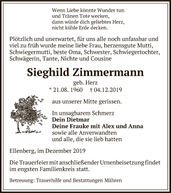 Traueranzeige von Sieghild Zimmermann von Uelzen