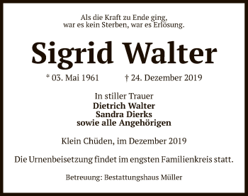 Traueranzeige von Sigrid Walter von Uelzen