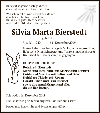 Traueranzeige von Silvia Marta Bierstedt von Uelzen