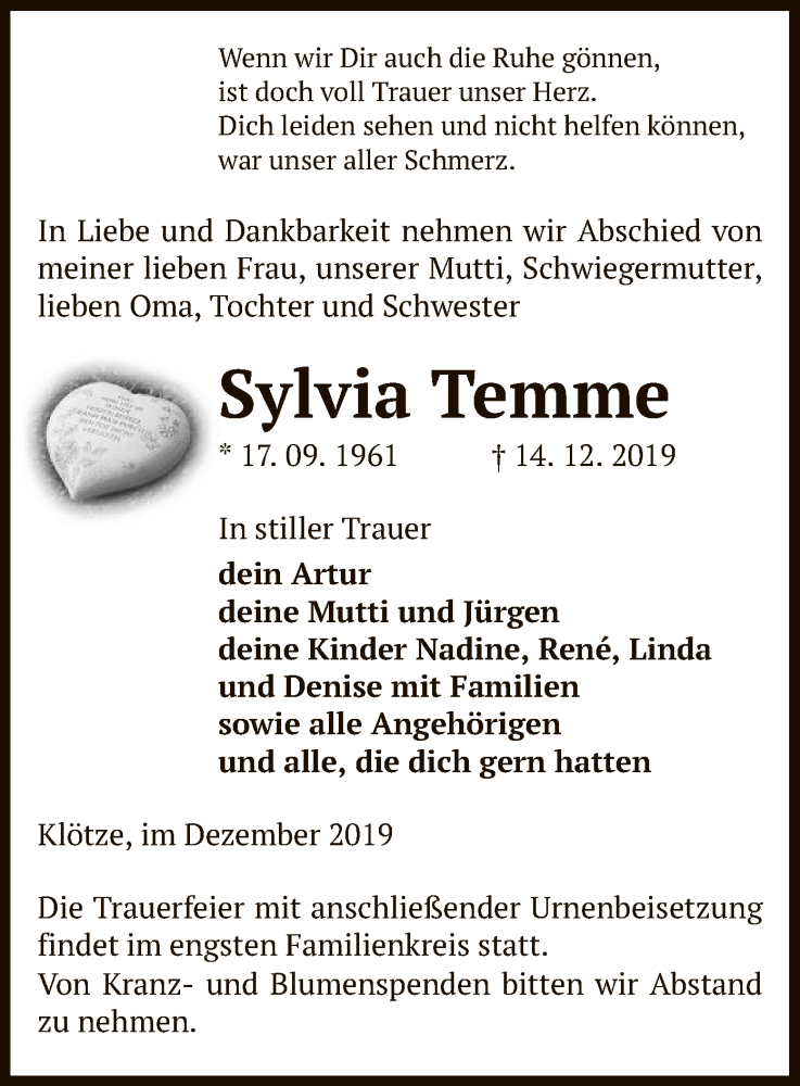  Traueranzeige für Sylvia Temme vom 20.12.2019 aus Uelzen