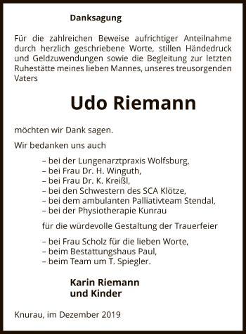 Traueranzeige von Udo Riemann von Uelzen