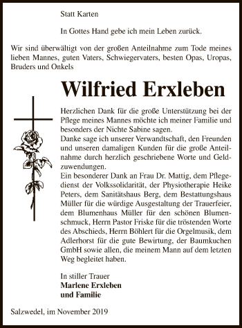 Traueranzeige von Wilfried Erxleben von Uelzen