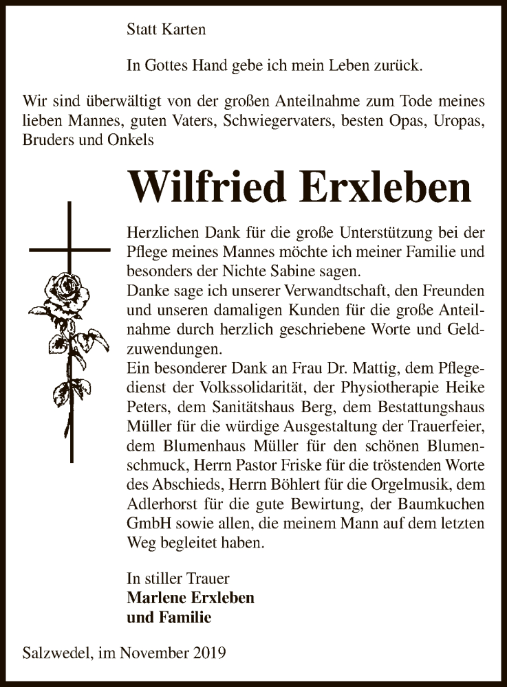  Traueranzeige für Wilfried Erxleben vom 14.12.2019 aus Uelzen