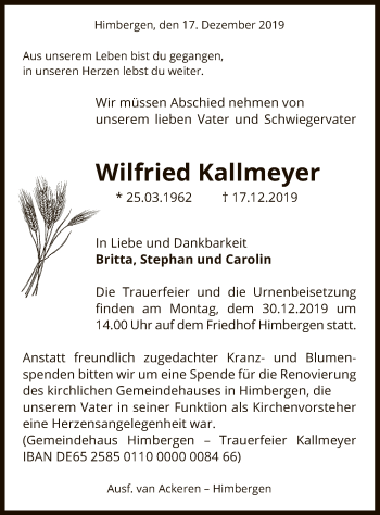 Traueranzeige von Wilfried Kallmeyer von Uelzen