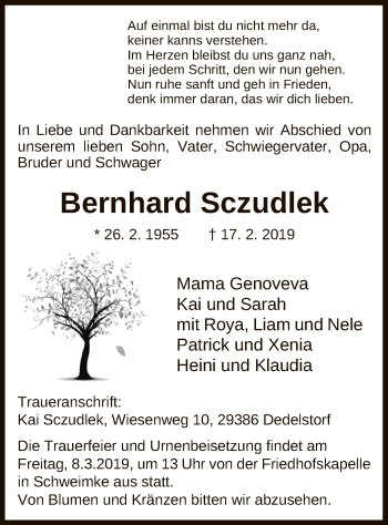 Traueranzeige von Bernhard Sczudlek von Uelzen