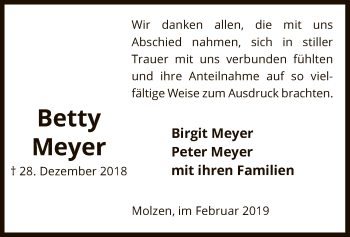 Traueranzeige von Betty Meyer von Uelzen