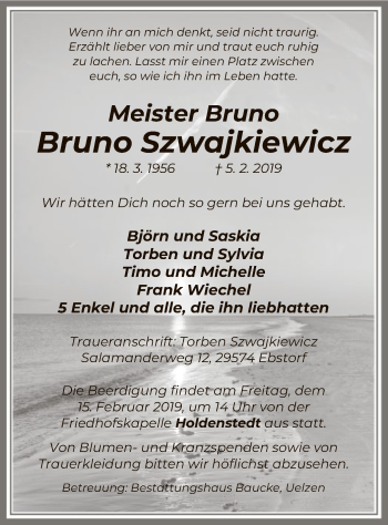 Traueranzeige von Bruno Szwajkiewicz von Uelzen
