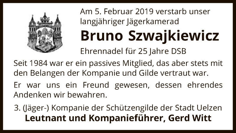  Traueranzeige für Bruno Szwajkiewicz vom 12.02.2019 aus Uelzen