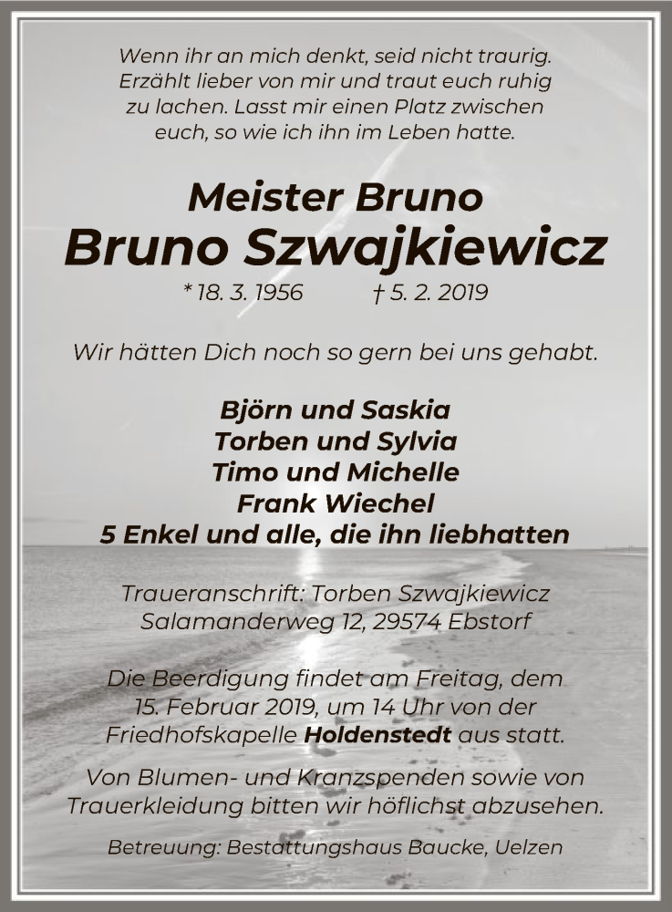  Traueranzeige für Bruno Szwajkiewicz vom 09.02.2019 aus Uelzen
