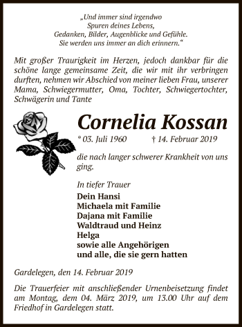 Traueranzeige von Cornelia Kossan von Uelzen
