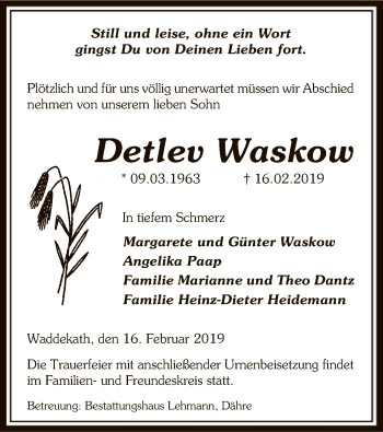 Traueranzeige von Detlev Waskow von Uelzen