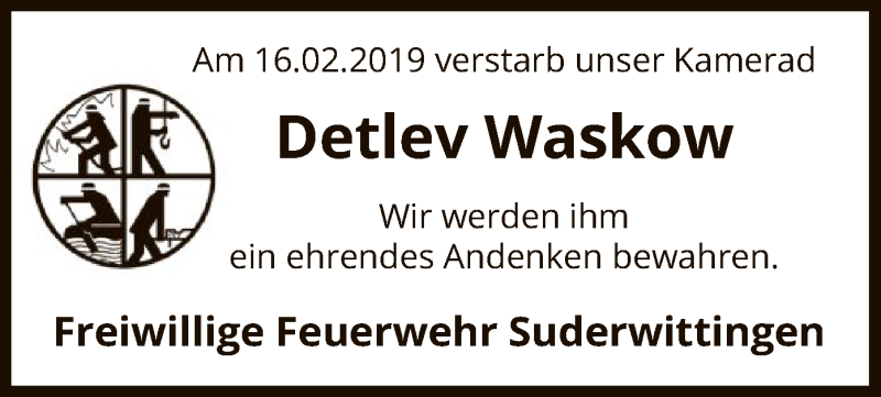  Traueranzeige für Detlev Waskow vom 20.02.2019 aus Uelzen