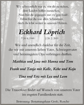 Traueranzeige von Eckhard Löprich von Uelzen