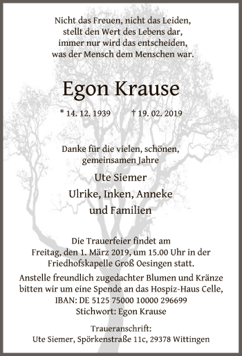 Traueranzeige von Egon Krause von Uelzen