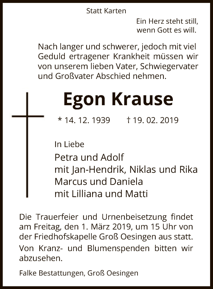  Traueranzeige für Egon Krause vom 22.02.2019 aus Uelzen