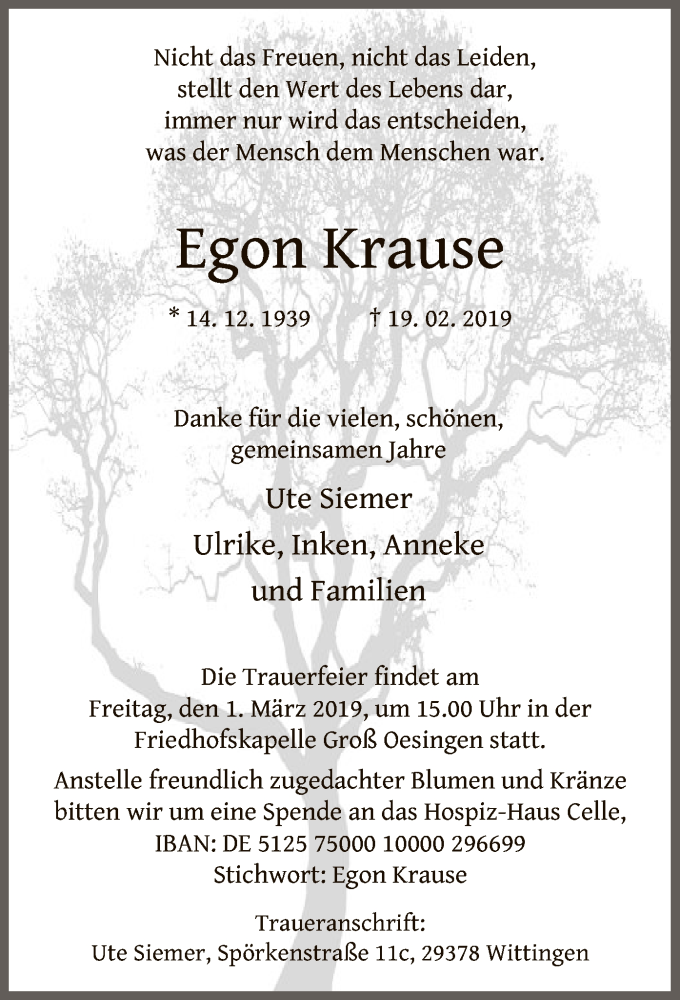  Traueranzeige für Egon Krause vom 22.02.2019 aus Uelzen