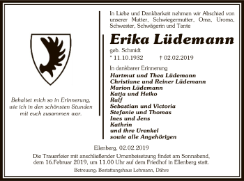 Traueranzeige von Erika Lüdemann von Uelzen