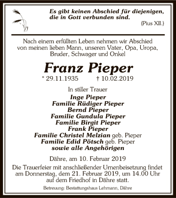 Traueranzeige von Franz Pieper von Uelzen