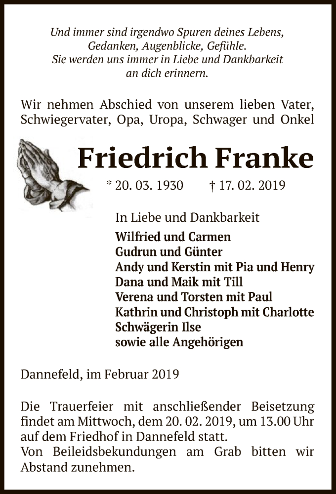  Traueranzeige für Friedrich Franke vom 19.02.2019 aus Uelzen