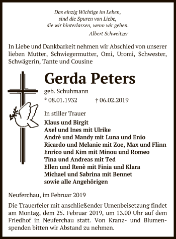 Traueranzeige von Gerda Peters von Uelzen