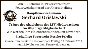 Traueranzeige von Gerhard Grislawski von Uelzen