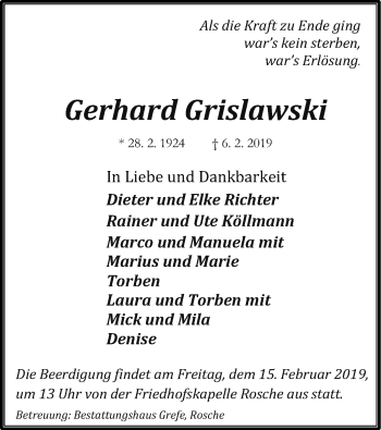 Traueranzeige von Gerhard Grislawski von Uelzen