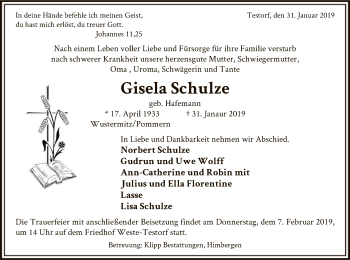 Traueranzeige von Gisela Schulze von Uelzen