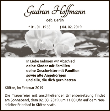 Traueranzeige von Gudrun Hoffmann von Uelzen