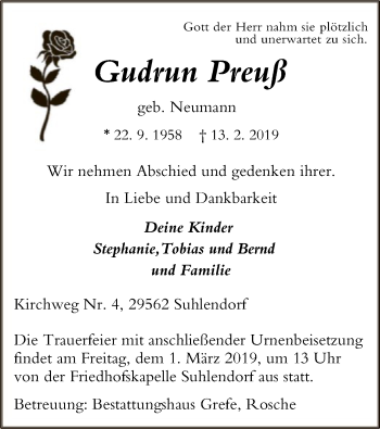 Traueranzeige von Gudrun Preuß von Uelzen