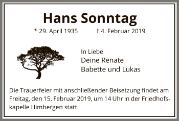 Traueranzeige von Hans Sonntag von Uelzen