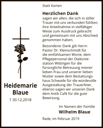 Traueranzeige von Heidemarie Blaue von Uelzen