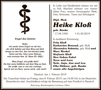 Traueranzeige von Heike Kloß von Uelzen